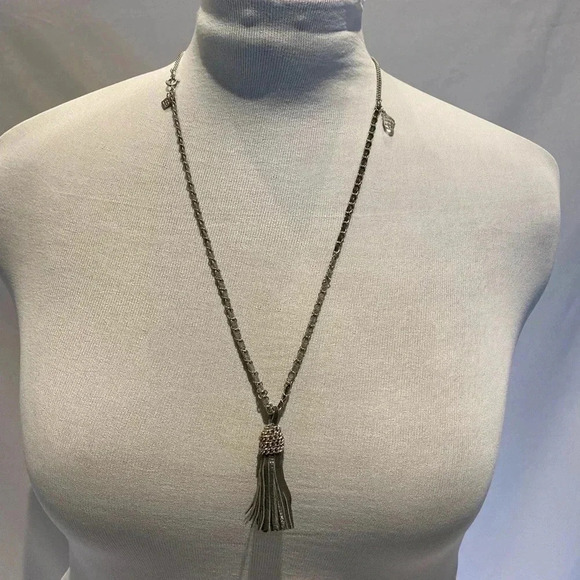 Banana Republic Braided Leather Tassel Necklace, Gray - Picture 1 of 5